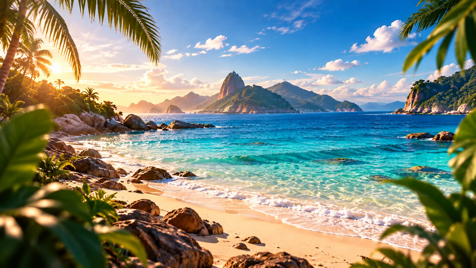 Mar turquesa, areia clara e vegetação tropical ao pôr do sol; composição inspiracional de viagem